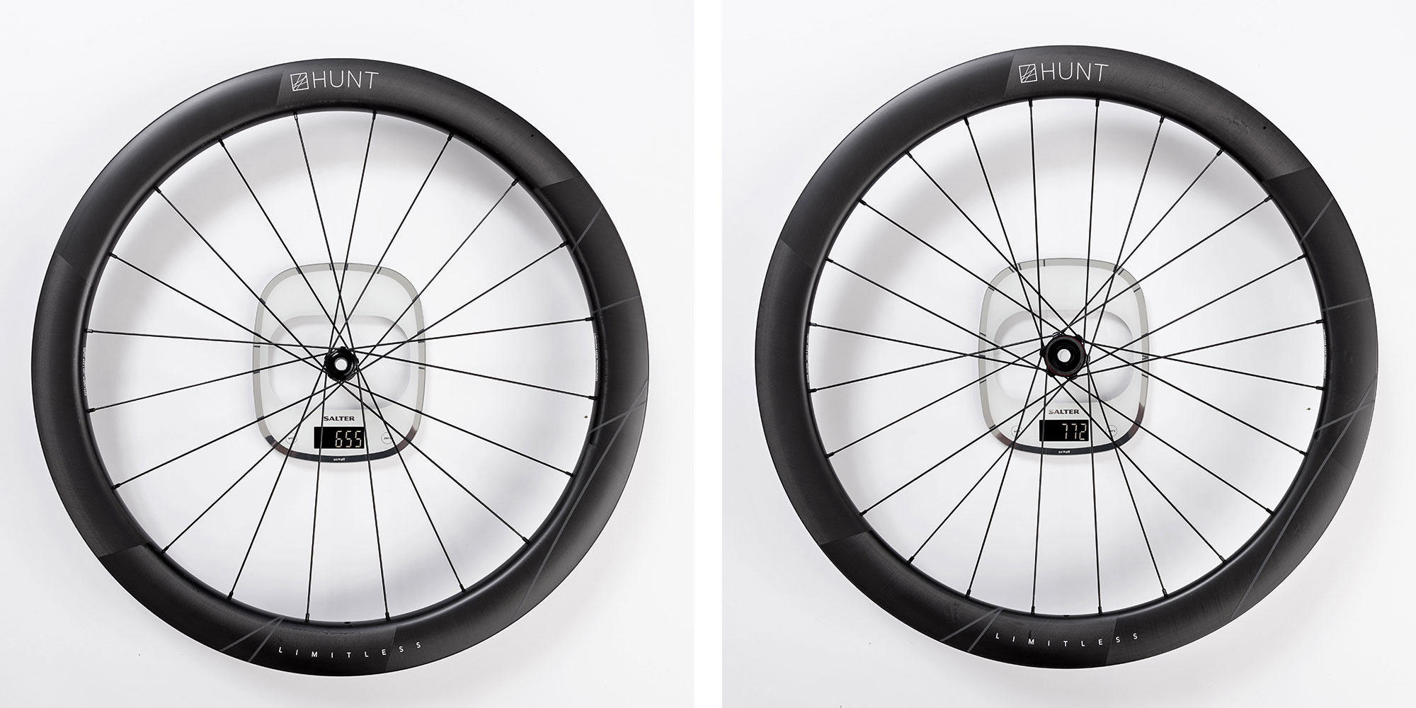 Hunt Sub50 Limitless Aero Disc road wheels are faster lighter more aerodynamic, 1427 actual weight with steel spokes